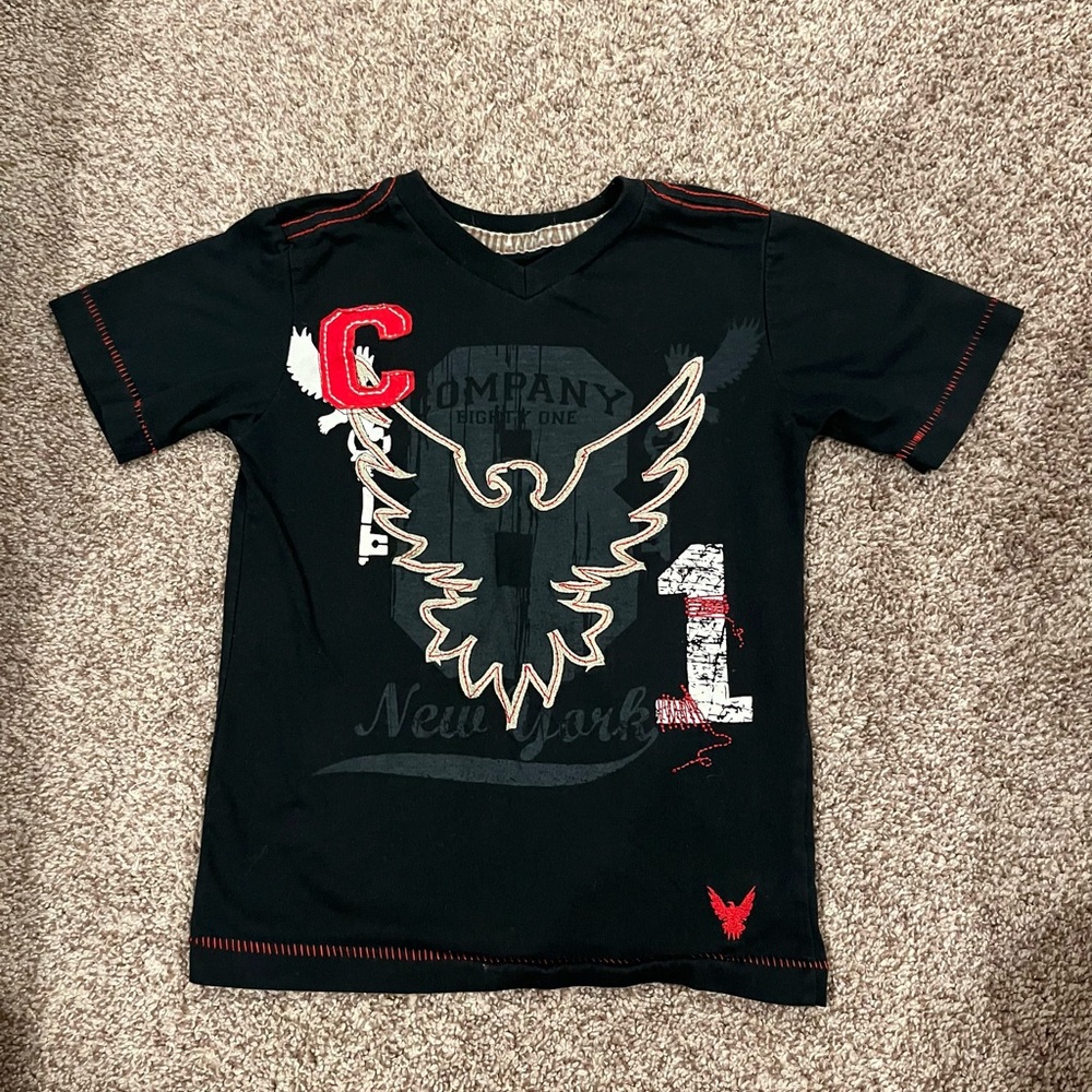 Company 81 Black, White, and Red V-neck T-shirt